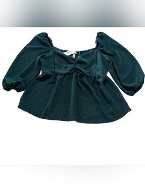 CHOCOLATE Hunter Green Peplum Blouse Puff Sleeve Ruched NWT M